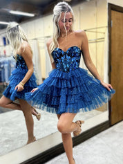 Pink A-Line Sweetheart Short Tiered Tulle Homecoming Dress with Mirror