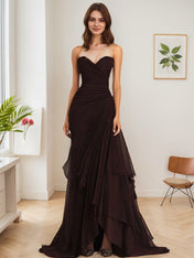 Dark Brown A Line Strapless Sweetheart Sheath Chiffon Tiered Long Formal Dress