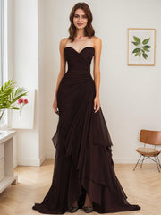 Dark Brown A Line Strapless Sweetheart Sheath Chiffon Tiered Long Formal Dress