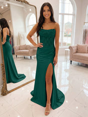 Romantic Pink Satin Corset Slit Prom Dress with Beaded Bodice