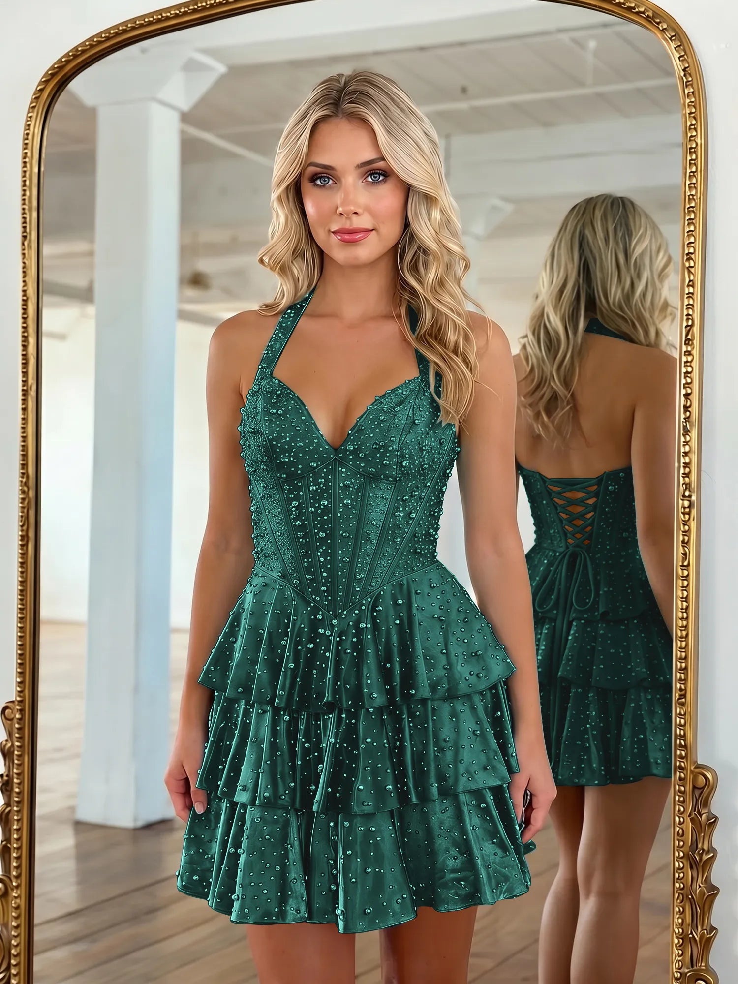 Halter Neck Pearl Beaded Tiered Short Homecoming Dresses