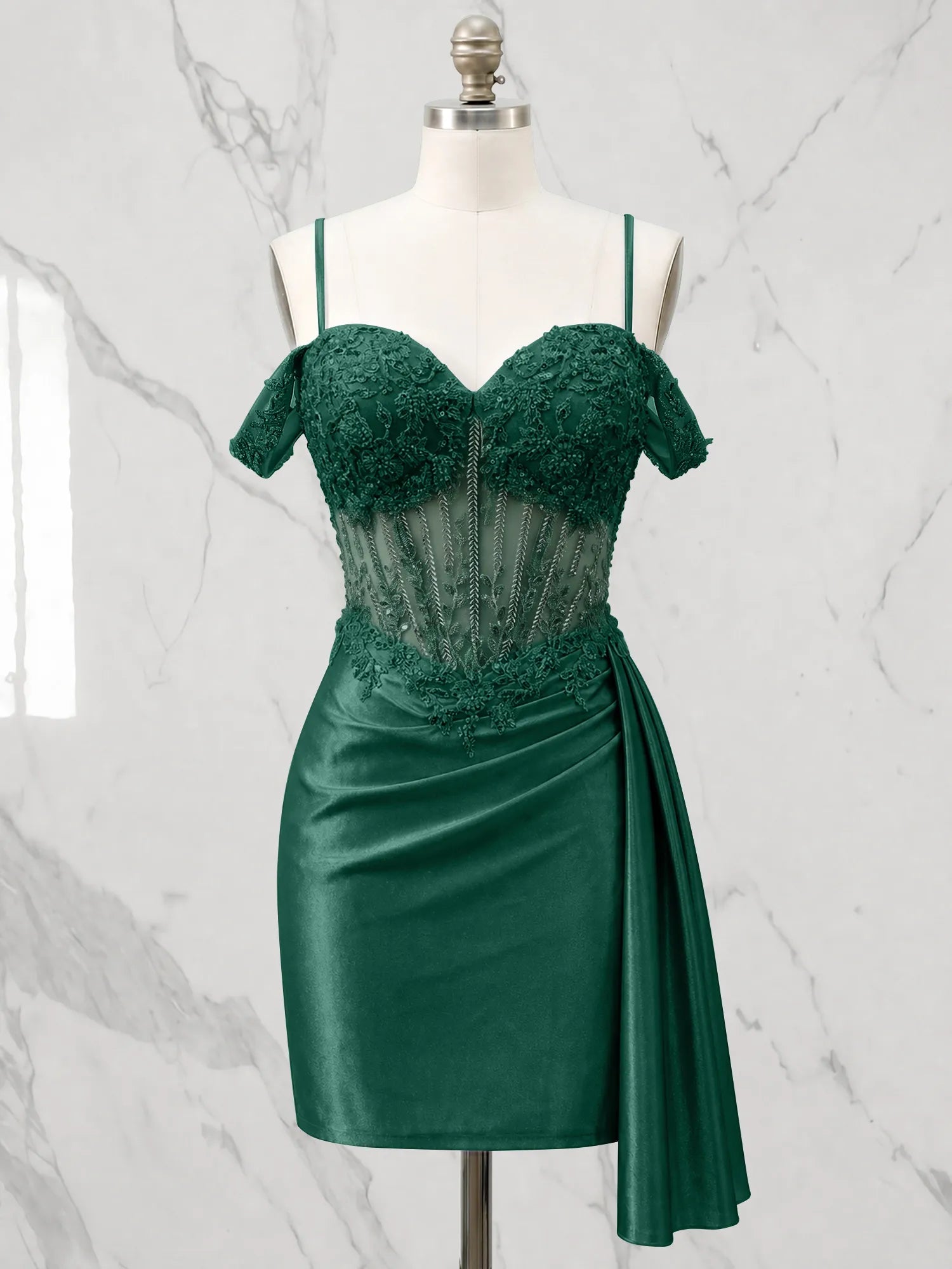 Sweetheart Sheer Corset Mini Dress with Cascading Side Drape Homecoming Dresses
