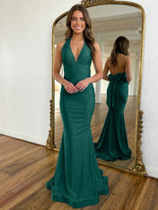 Light Blue Mermaid Halter Backless Long Prom Dress