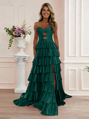 A Line Strapless Sweetheart Satin Prom Dress with Keyhole