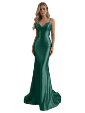 Blue Mermaid Spaghetti Straps V-Neck Rhinestone Long Prom Dress