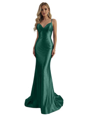 Blue Mermaid Spaghetti Straps V-Neck Rhinestone Long Prom Dress