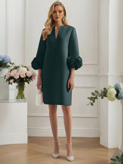 3D Floral Classic Notched Long Sleeve A-Line Midi Dress