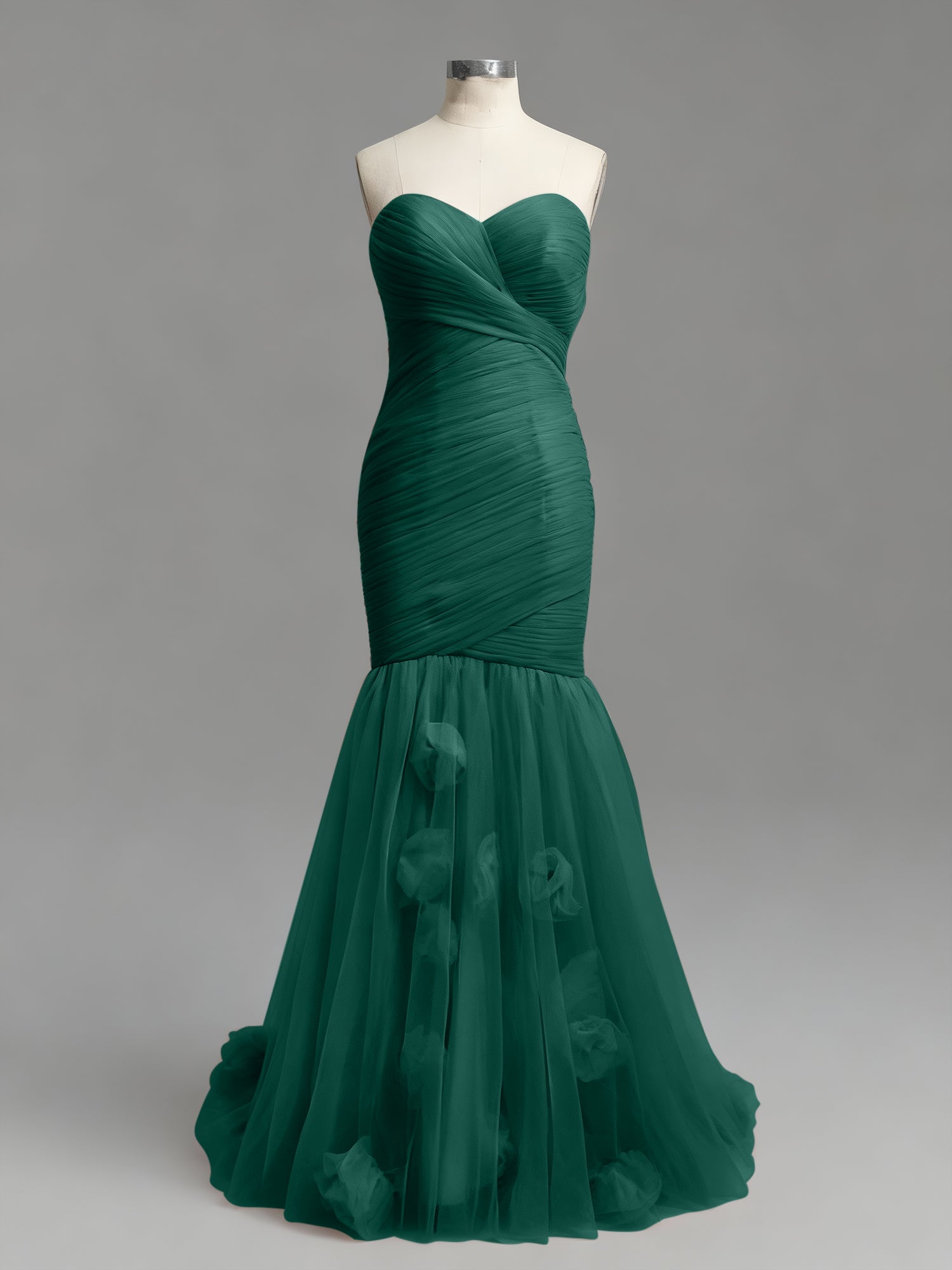 Dusty Rose Mermaid Strapless Ruched Tulle Prom Dress with 3D Floral