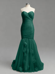 Dusty Rose Mermaid Strapless Ruched Tulle Prom Dress with 3D Floral