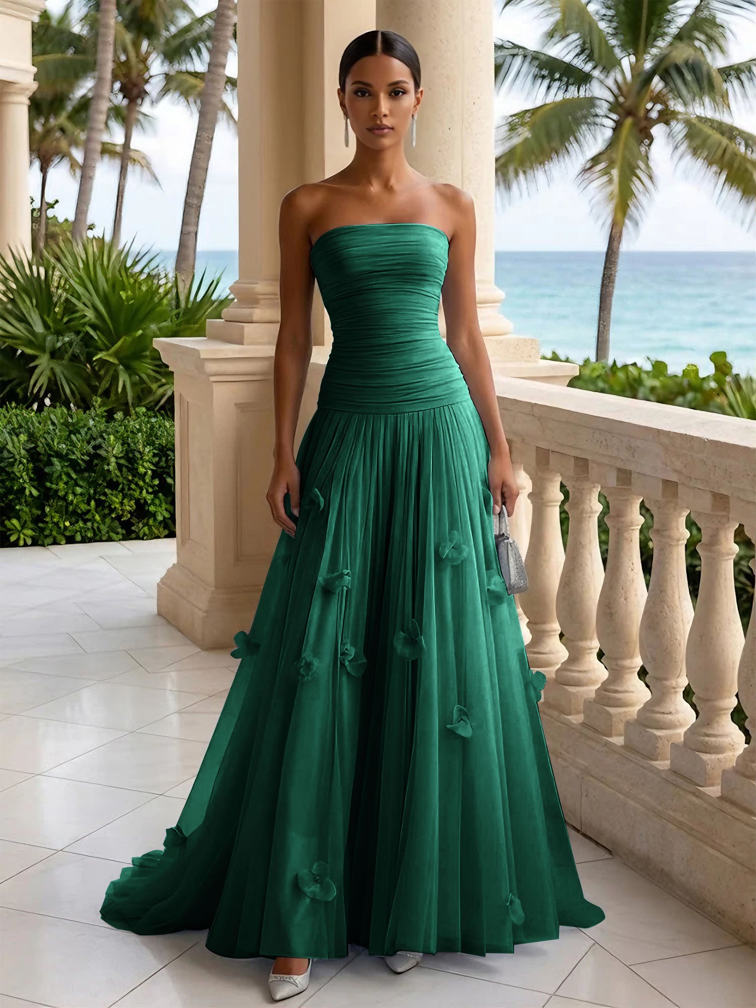 Light Blue Evening Dress with 3D Flower Strapless Pleat Maxi Dress