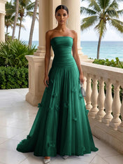 Light Blue Evening Dress with 3D Flower Strapless Pleat Maxi Dress