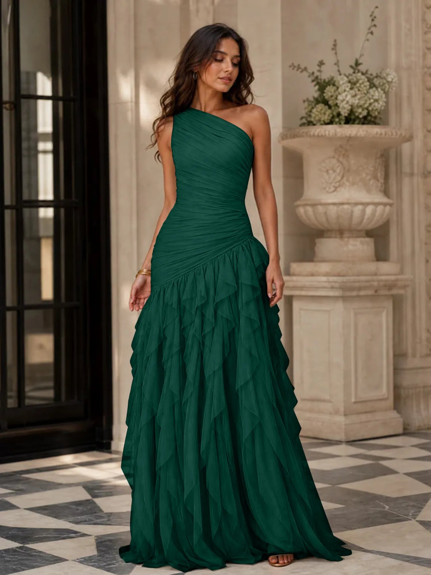 Emerald Green One-Shoulder Ruched Asymmetric Ruffle Chiffon Floor-Length Gown Dress