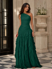 Emerald Green One-Shoulder Ruched Asymmetric Ruffle Chiffon Floor-Length Gown Dress