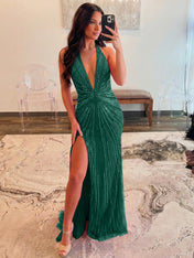 Hot Pink Starburst Beaded Halter Long Prom Dress with Slit