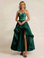 Black Tulle Ruffled A Line Long Formal Dress with Slit