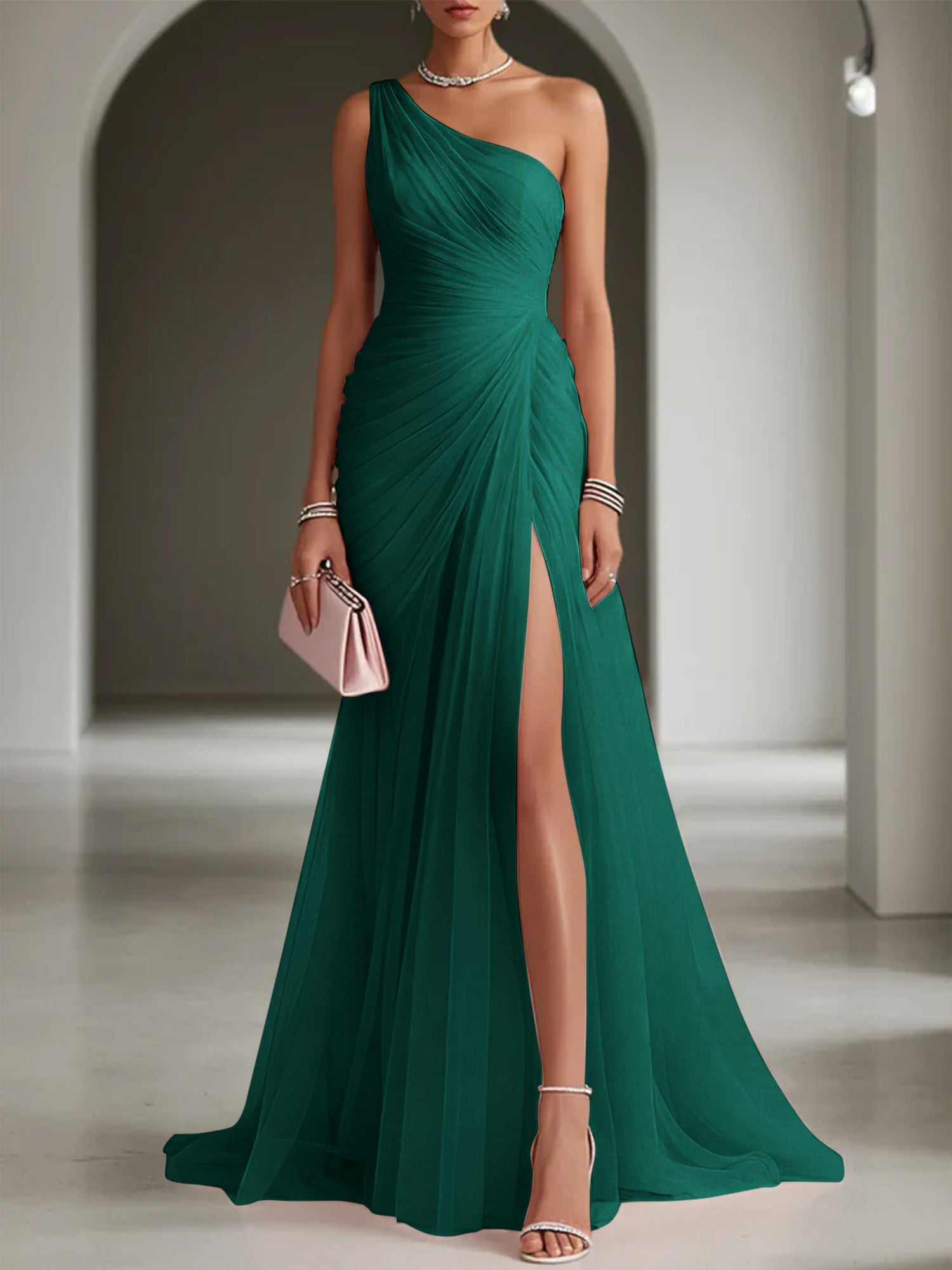 Pink Ruched Slit Tulle Strapless One Shoulder Sheath Gown Dress