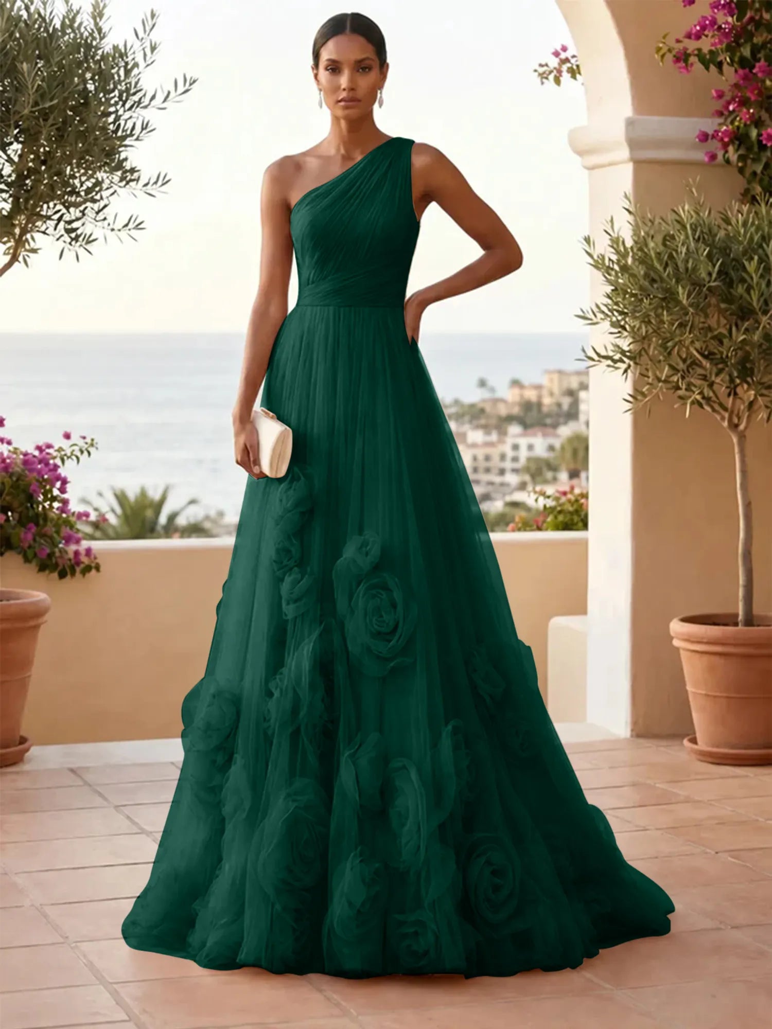 One-Shoulder Sweetheart Tulle Ball Gown with 3D Floral Accents Evening Dresses