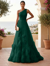 One-Shoulder Sweetheart Tulle Ball Gown with 3D Floral Accents Evening Dresses