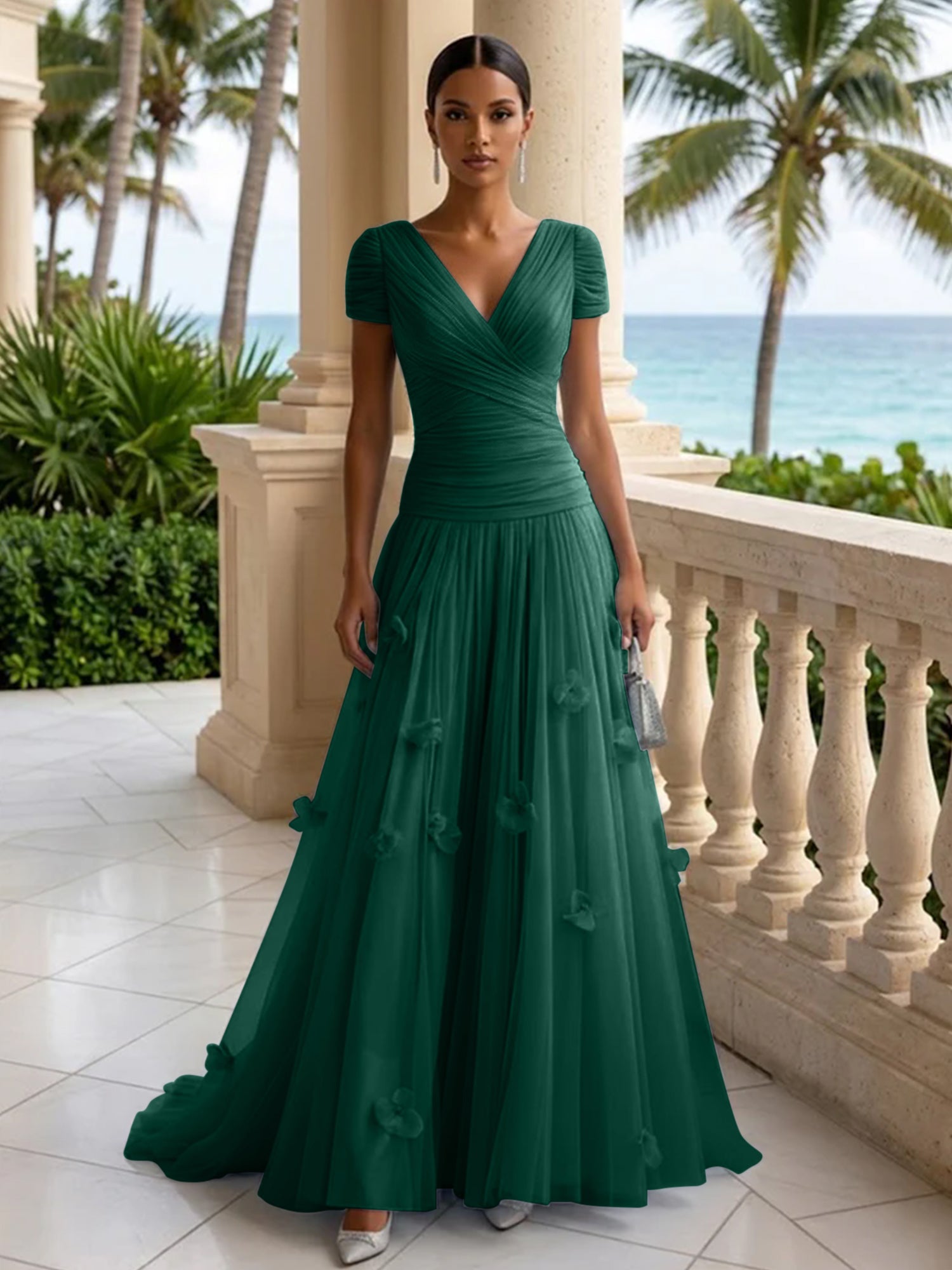 Light Blue Short-Sleeve Tulle Gown Evening Dress with 3D Flower V Neck Pleat Maxi Dress