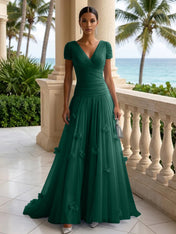 Light Blue Short-Sleeve Tulle Gown Evening Dress with 3D Flower V Neck Pleat Maxi Dress