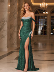 Dark Red Crystal Off-the-Shoulder Corset Prom Dress with Slit