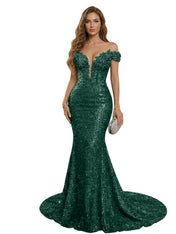 Sparkly Off The Shoulder Sequin Long Mermaid Corset Prom Dresses