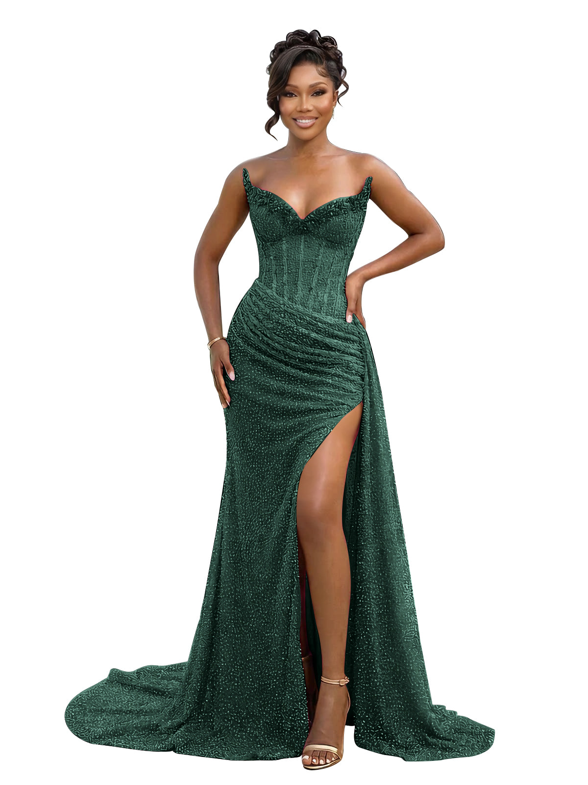Gold Strapless Beading-Embellished Corset Prom Dress with Slit