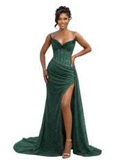 Gold Strapless Beading-Embellished Corset Prom Dress with Slit