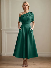 A Line Satin One Shoulder Pleated Ankle Length Mother of the Bride Dress