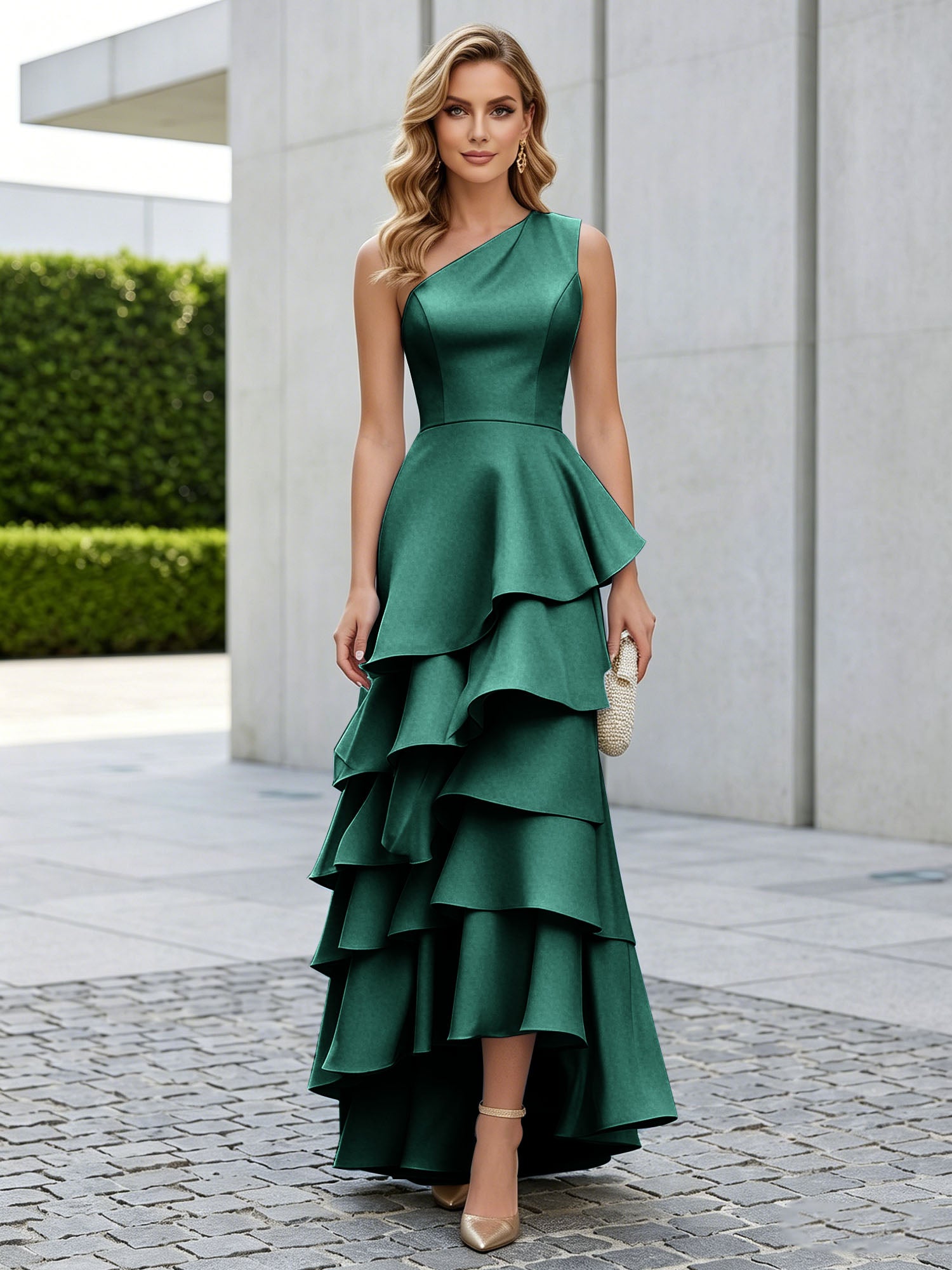 One Shoulder Tiered Ruffle Satin Mermaid Evening Gown with Sculptural Layers