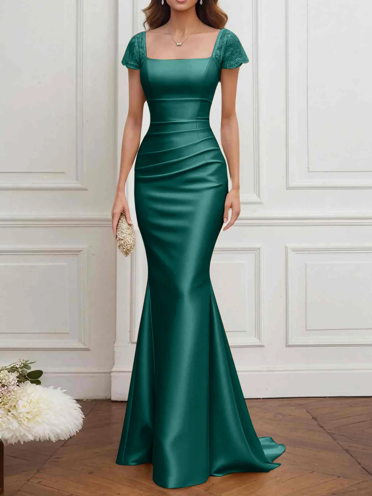 Mother of the Bride Dress Champagne Satin Square Neck Maxi Dress