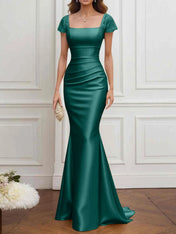 Mother of the Bride Dress Champagne Satin Square Neck Maxi Dress