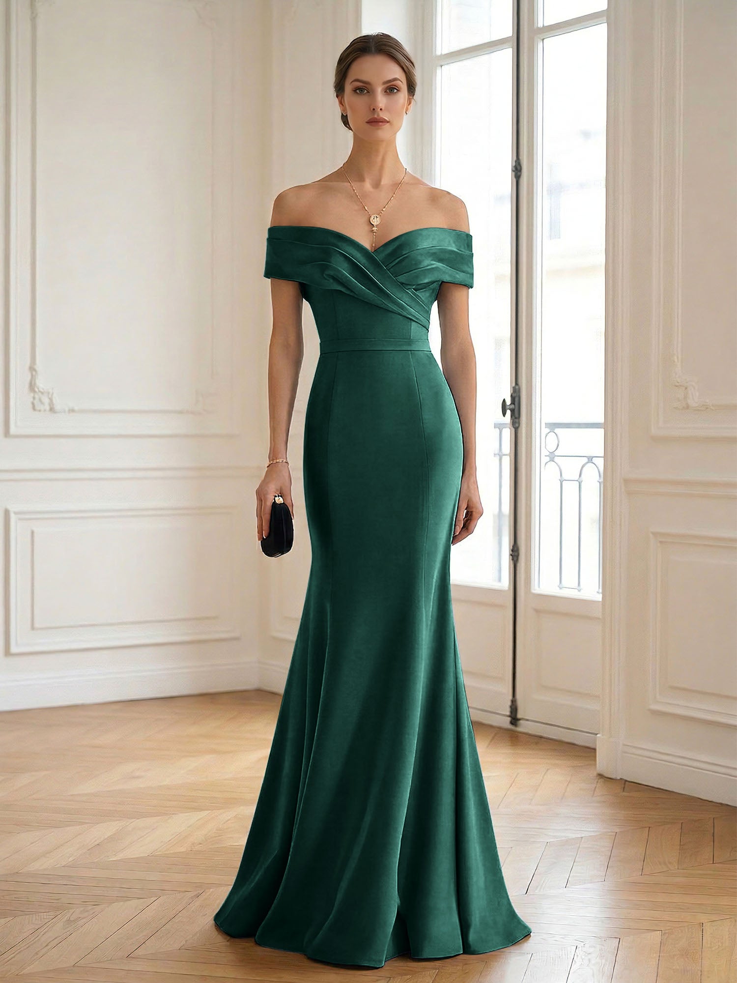 Formal Wedding Guest Dress Navy Off Shoulder Maxi Mermaid Dress