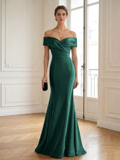Formal Wedding Guest Dress Navy Off Shoulder Maxi Mermaid Dress