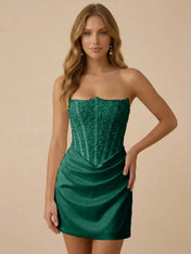White Strapless Sequin Beaded Satin Short Homecoming Dress with Corset