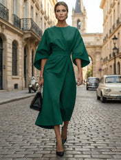 Loose Batwing Sleeve Dress Tight Waist Solid Color Elegant Dresses