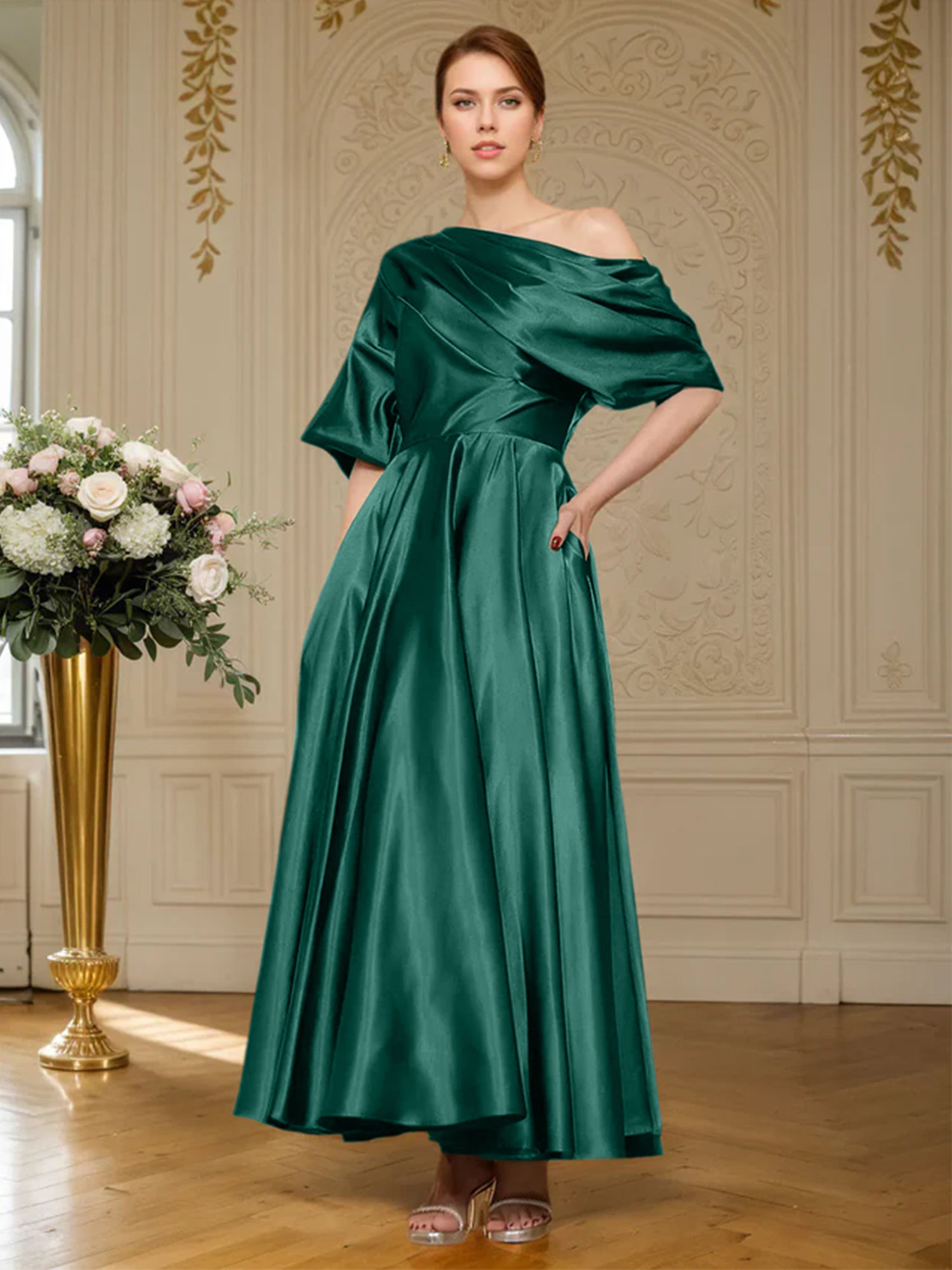 A-line Short Sleeves Pleated Ankle-Length Silk like Satin Mother of the Bride Dress
