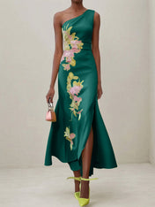Green Floral One Shoulder Embroidered Cap Sleeve Slit Sheath Maxi Dress