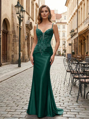 Purple Mermaid Spaghetti Straps Satin Long Corset Appliqued Prom Dress