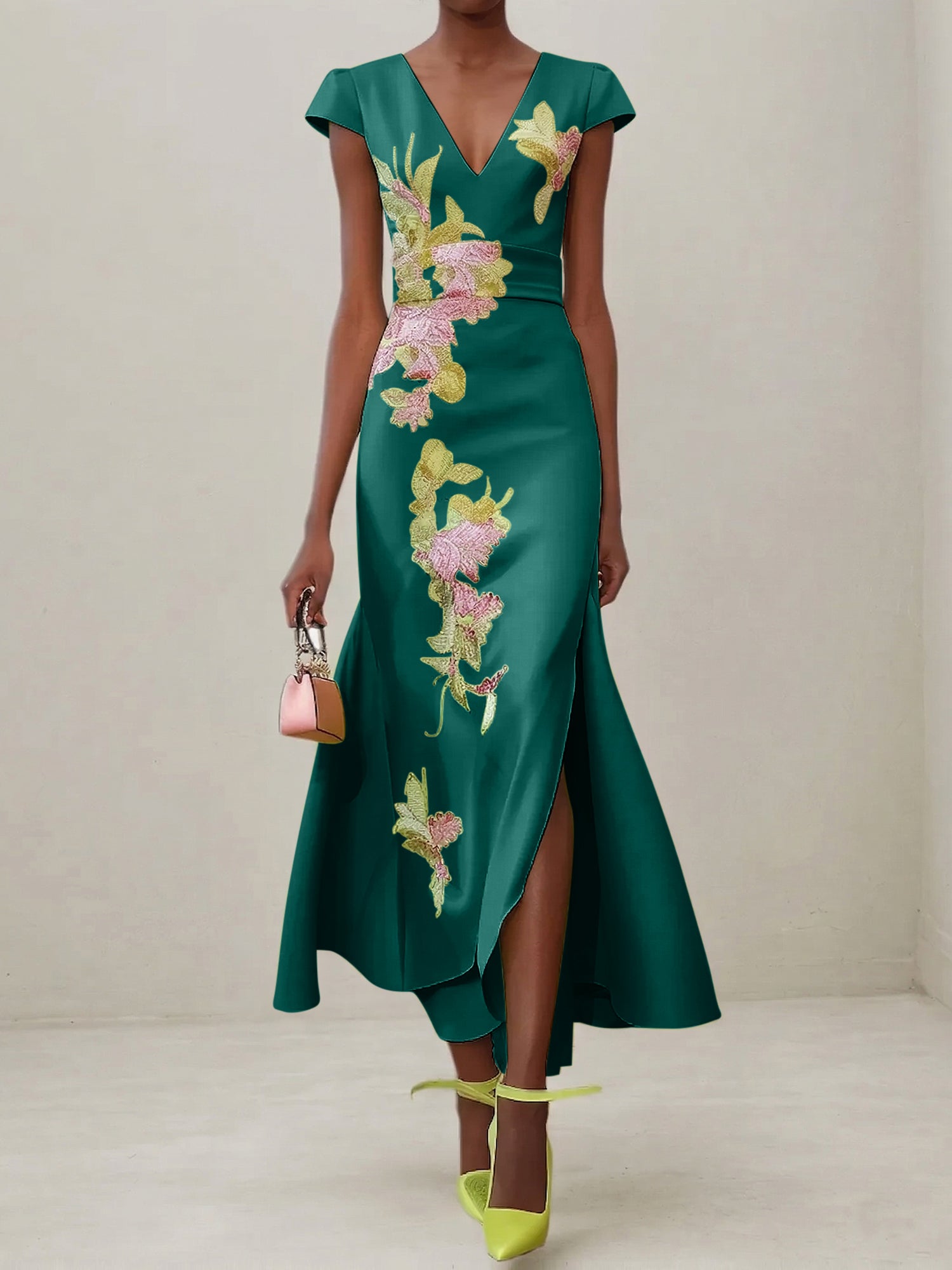Green Floral V Neck Embroidered Cap Sleeve Slit Sheath Maxi Dress