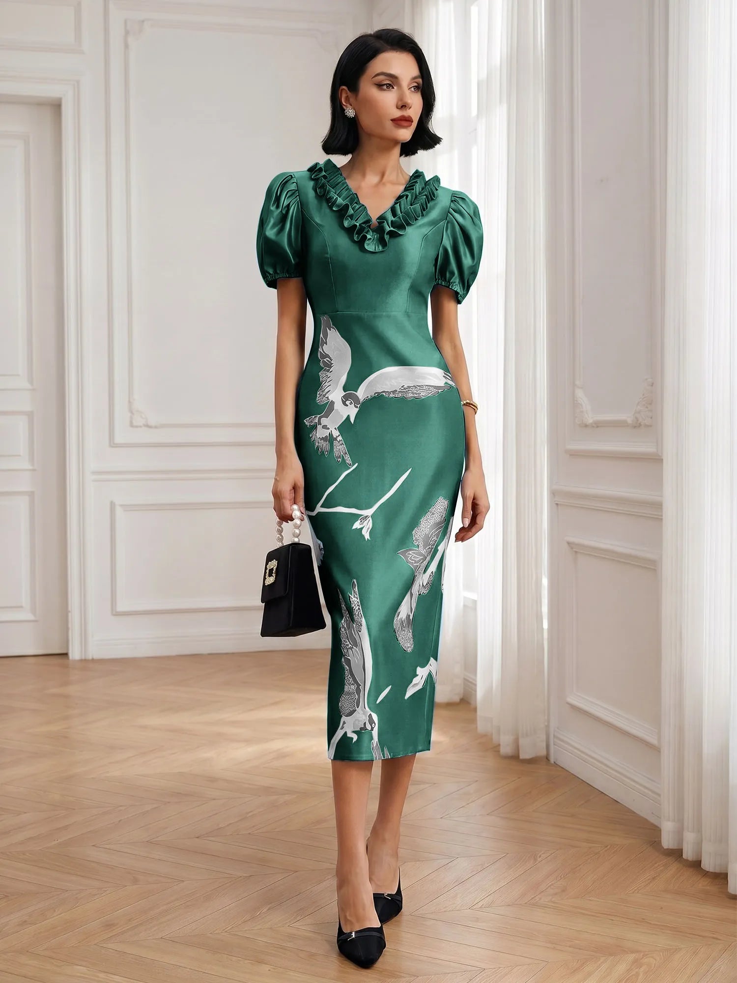 Black Folds V Neck Puff Sleeve Midi Sheath Dress
