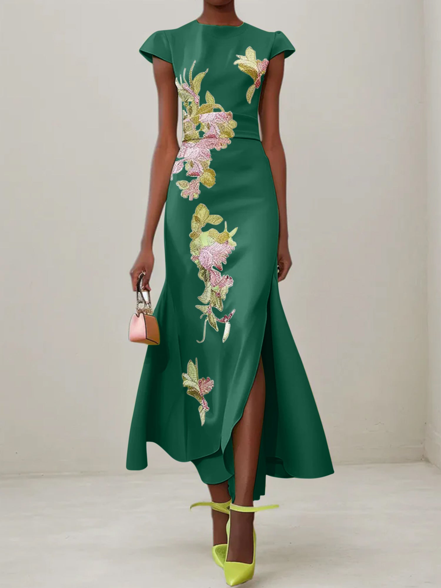Green Floral Embroidered Cap Sleeve Slit Sheath Maxi Dress