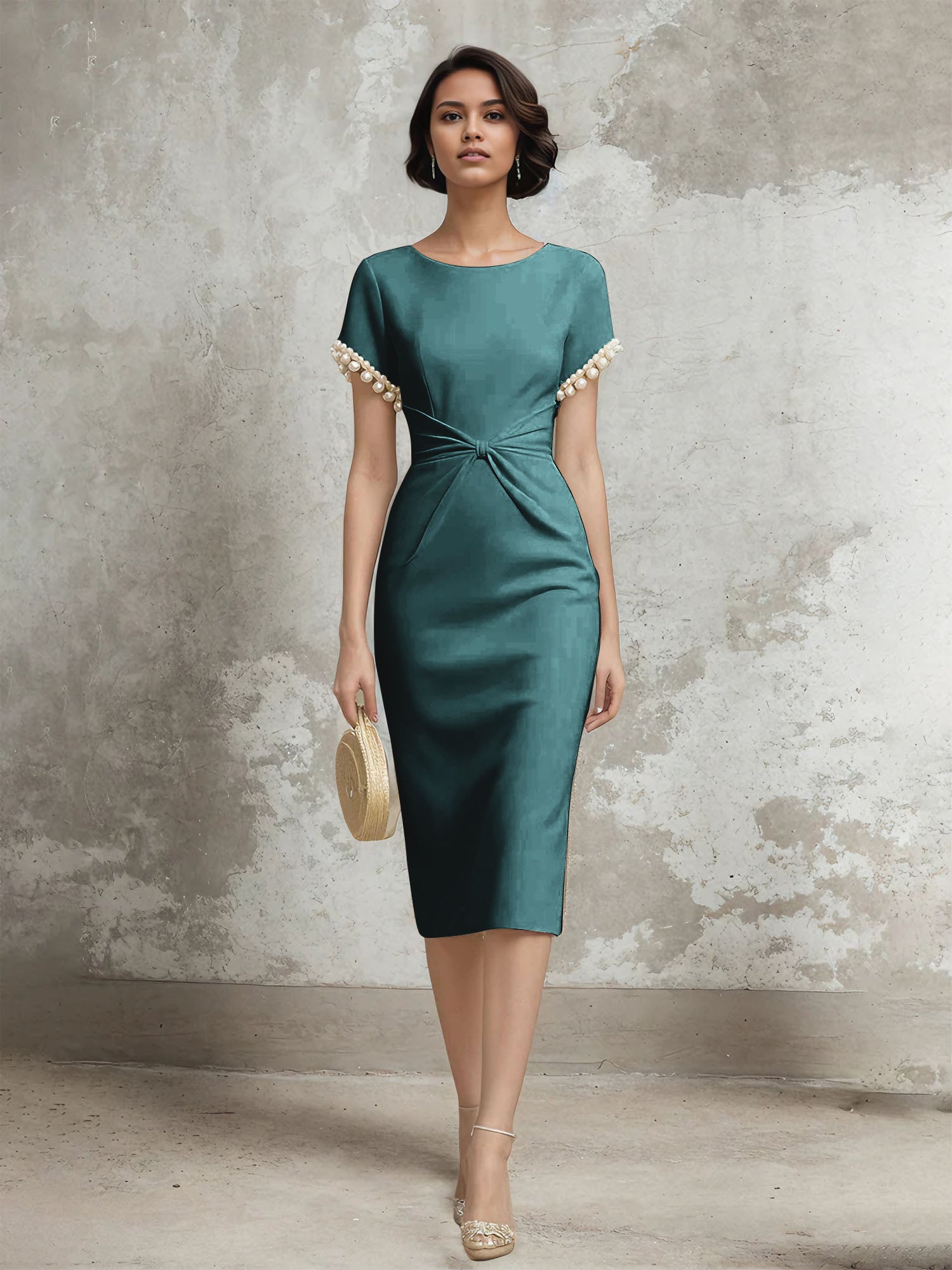 White Stretch Crepe Sheath/Column Short Sleeve Tea Length Dress With Pearls