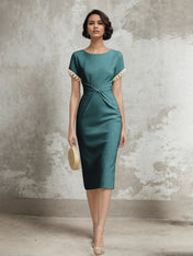 White Stretch Crepe Sheath/Column Short Sleeve Tea Length Dress With Pearls