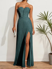 Pleated Classic Strapless Sleeveless A-Line Maxi Dress