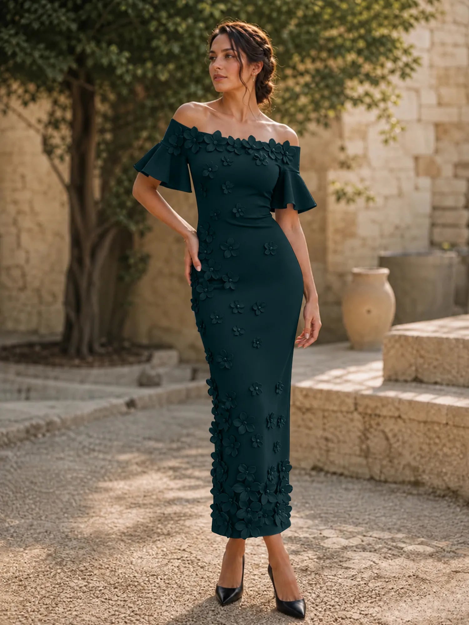 Black 3D Floral Off-The-Shoulder Ankle-Length Gown Dress