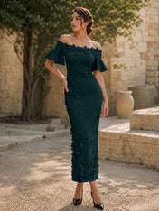 Black 3D Floral Off-The-Shoulder Ankle-Length Gown Dress