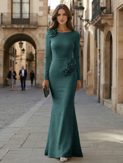 Elegant Pure White Formal Evening Dress Long-Sleeve 3D Floral Crepe Maxi Dress Gown