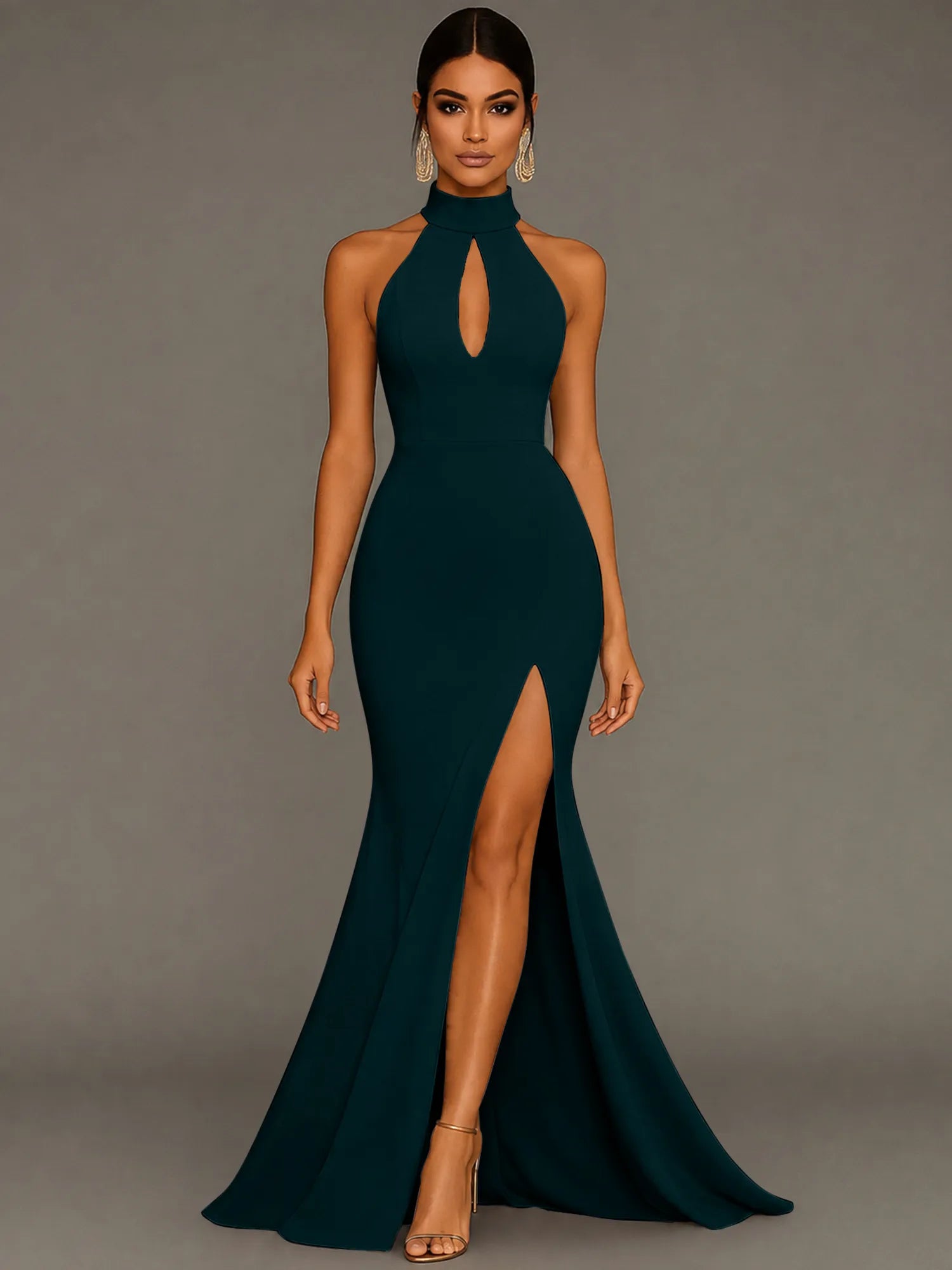 Mermaid Halter Neck Satin Formal Dress with Slit