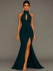 Mermaid Halter Neck Satin Formal Dress with Slit